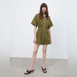 Zara Green Snap Button Shirt Dress with Short Sleeves and Front Patch Pockets